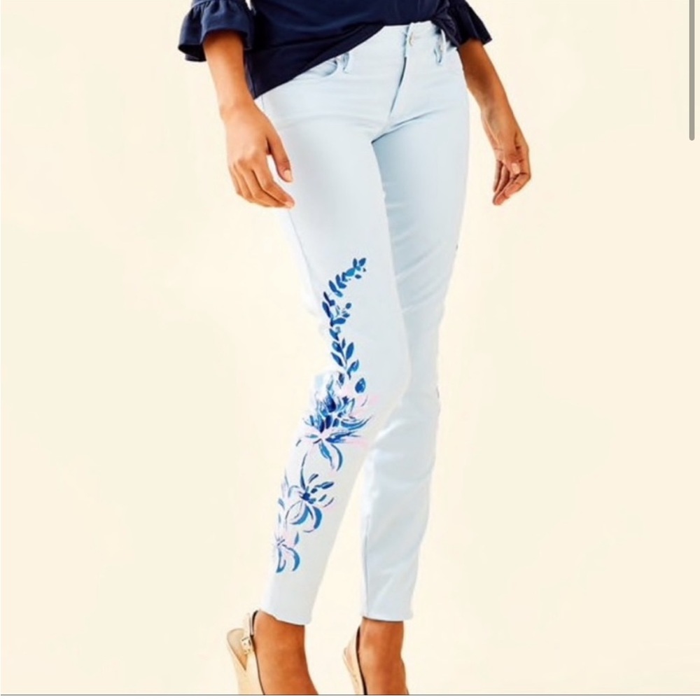 $168 Lilly Pulitzer Worth Skinny ankle Greece Baby Blue painted Floral pants 4